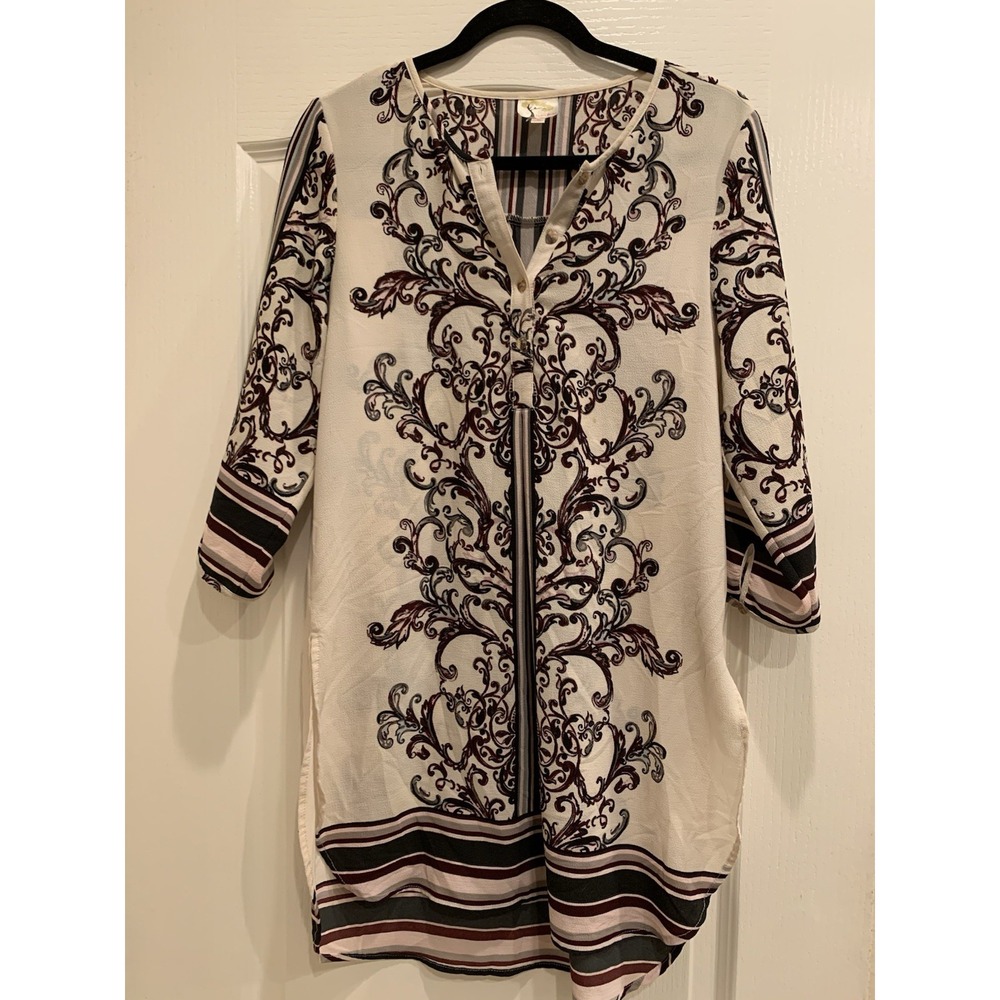 Fig and Flower Boho Print 3/4 Sleeve Tunic Top Cream‎ and Brown Women's Sz S